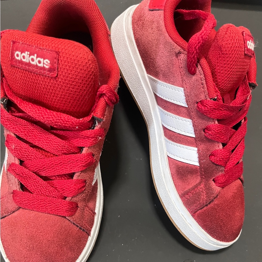 adidas Kids Red Suede Sneakers with White Stripes and Gum Sole